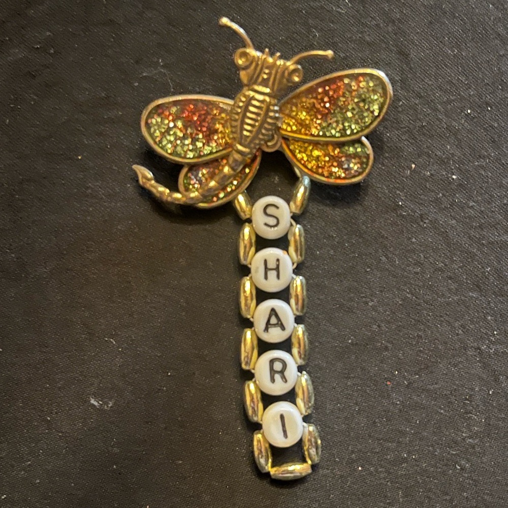 Gold Dragonfly Brooch with Beaded Name “Shari”